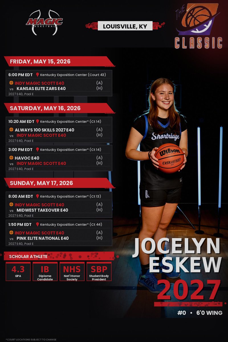 JocelynEskew0's tweet photo. 🏀 Headed to Louisville for The Classic this weekend! Five games in Pool E at the Kentucky Exposition Center, May 15–17. Coaches — would love to have you watch.
Jocelyn Eskew | '27 | 6'0 Wing | #0 Indy Magic Scott E40 #TheClassic #GirlsBasketball #WBB #ClassOf2027 #2027Wing https://t.co/KLyTiiYL7y