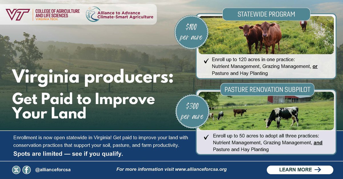 ColonialSoil's tweet photo. The Alliance to Advance Climate-Smart Agriculture Grant is currently accepting applications statewide. This round offers two program options for applicants.    

Apply Now! https://t.co/EqkCO8jG9O   

Contact Samantha Pereira: Samantha.Pereira@ColonialSWCD.org
(757) 759-0528 https://t.co/JKWh4QWex6