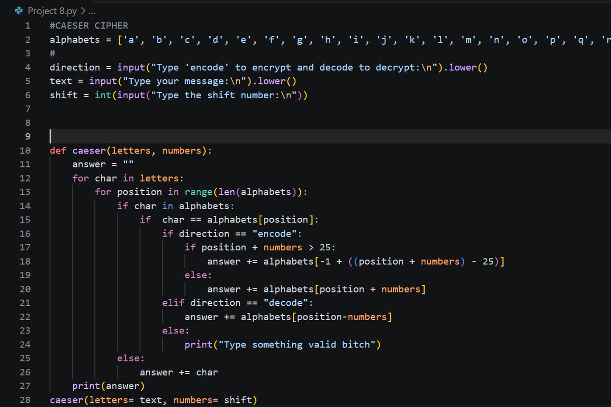 SamX12345's tweet photo. This is day 8 of my #100daysofcode. I created the caeser cipher and this was quite difficult for me to wrap my head around, but I made it work nonetheless.
I couldn't post for the past two days due to some tests and school projects I have had to do this week #Python #coding https://t.co/O1e4WBsi69