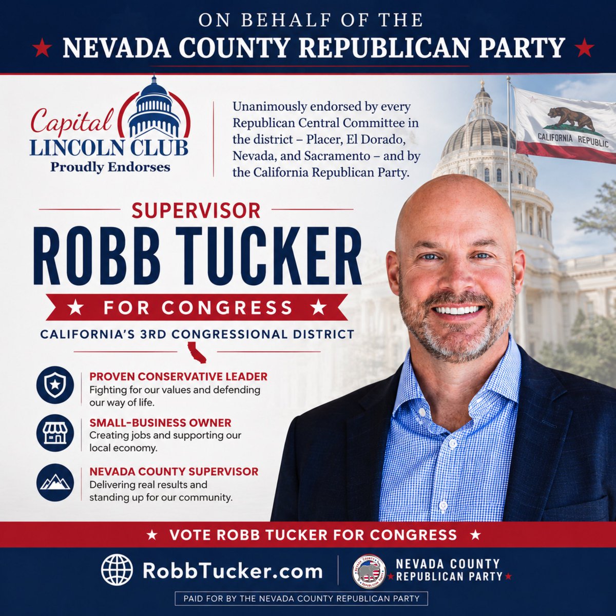 GOPNevadaCounty's tweet photo. 🇺🇸 HUGE momentum for Robb Tucker in CA-03.
✅ Endorsed by EVERY Republican Central Committee in the district
✅ Endorsed by the California Republican Party
✅ Endorsed by the Capital Lincoln Club
Nevada County is ready. 🐘🔥
#RobbTucker #CA03 #CaliforniaRepublicans https://t.co/6XuSfdfOhE