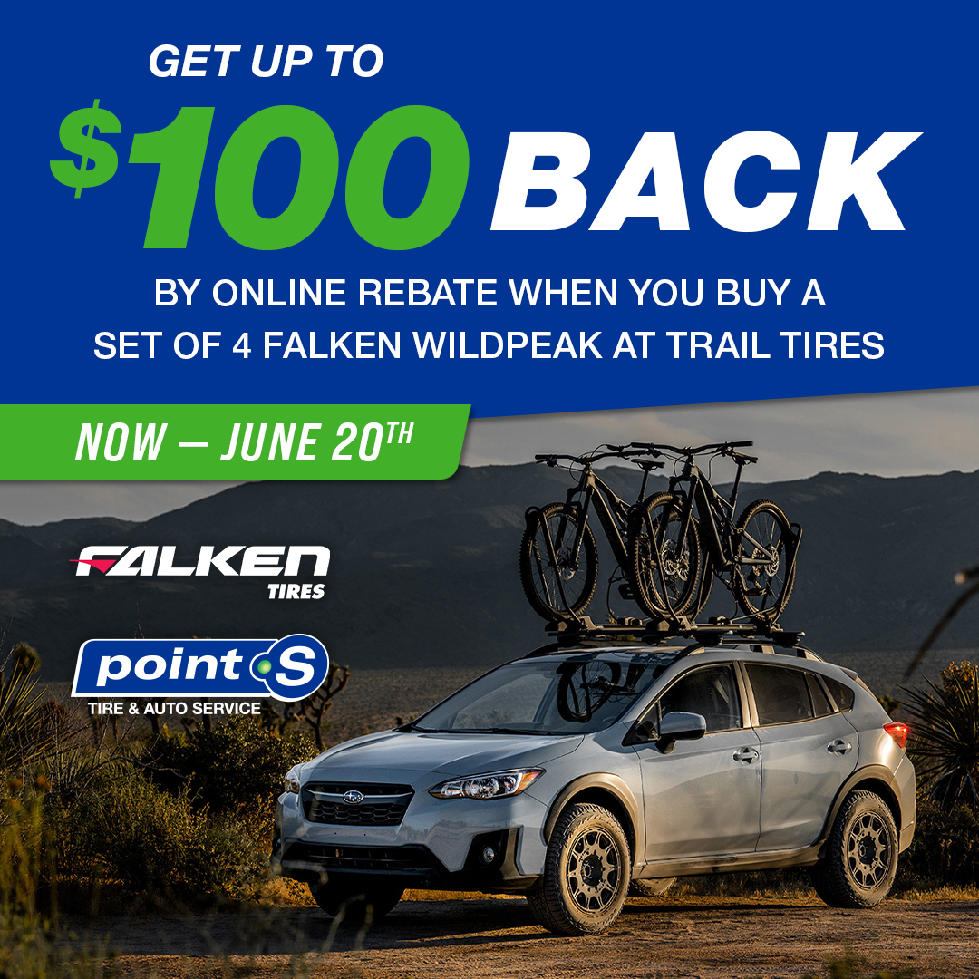 pointsauto's tweet photo. Summer adventures don't wait, and neither should your tires. 🌄 Get up to $100 back by online rebate when you purchase a set of @FalkenTire Wildpeak A/T Trail tires at Point S. Offer runs through June 20th. https://t.co/6P7ZYEi9gD 

#PointS #Falken #Wildpeak #AdventureReady https://t.co/J2oKx5KxRr