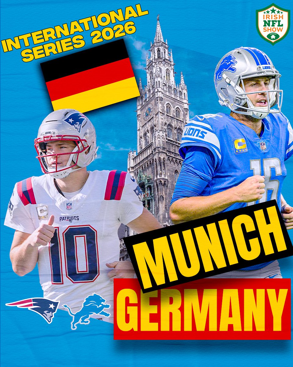 IrishNFLShow's tweet photo. Willkommen in München 🏈🇩🇪

The action returns to Munich this November with the @Patriots confirmed as the road team facing the @Lions 

This should be a cracker in the Allianz Arena.

We have podcasts available reacting to all the European slate of games. https://t.co/to6rKyDS6V