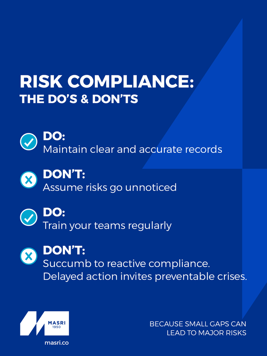Masriholding's tweet photo. In #RiskCompliance, small details make a measurable difference.
The right practices reduce #Exposure, strengthen #Governance, and protect your business from avoidable risks.

#MASRI helps you stay ahead with clarity and control.

For more information, visit the link in bio. https://t.co/PzjLQydhfG
