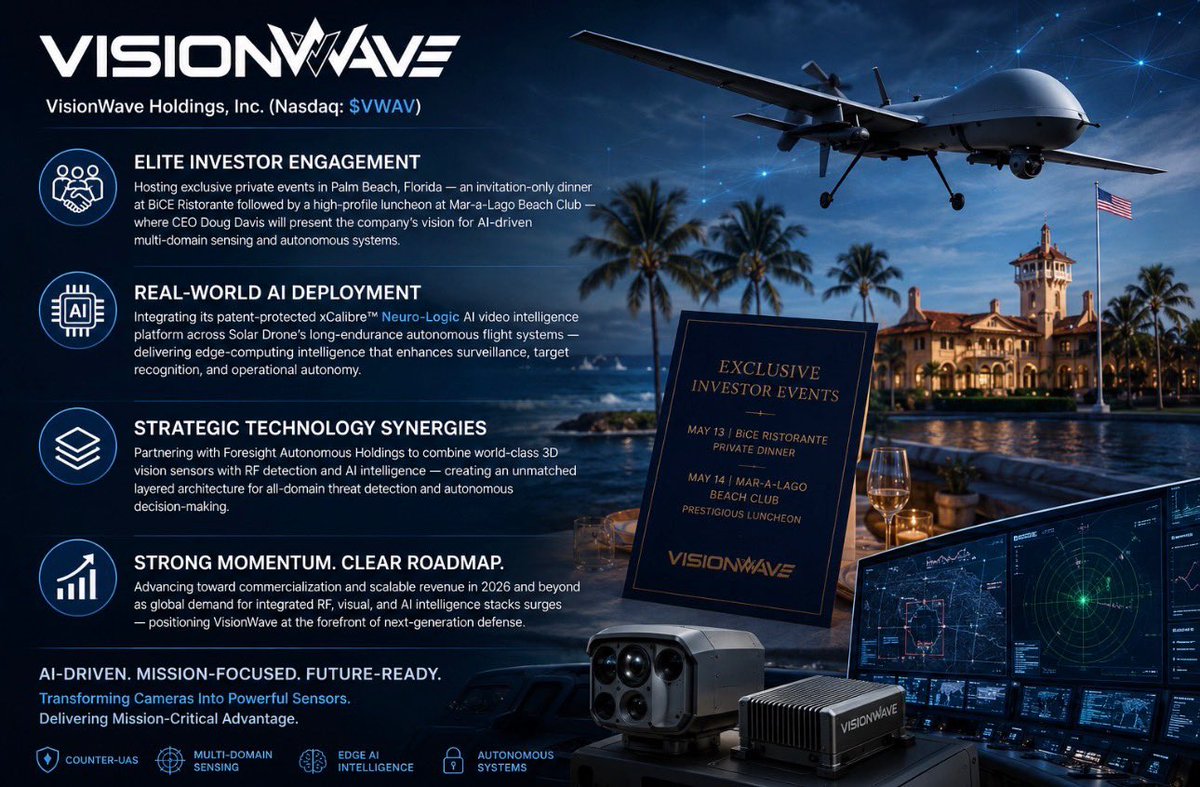 CS_MarketingInc's tweet photo. VisionWave Holdings, Inc. (Nasdaq: $VWAV)

VisionWave Holdings is commanding attention in the defense technology sector by securing elite platforms for direct investor engagement at the highest levels.

This week, the company is hosting exclusive private events in Palm Beach, Florida — an invitation-only dinner at BiCE Ristorante followed by a high-profile luncheon at Mar-a-Lago Beach Club — where CEO Doug Davis will present the company’s groundbreaking vision for AI-driven multi-domain sensing and autonomous systems.

In a market hungry for credible defense innovators, this move underscores VisionWave’s confidence, strategic clarity, and commitment to building long-term shareholder relationships amid surging global demand for advanced counter-drone and intelligence platforms.

#DefenseTechLeadership #InvestorEngagement #StrategicVision #Ad