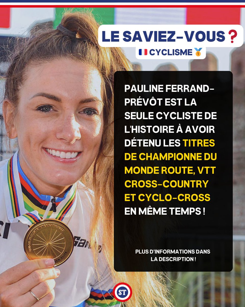 sportricolore's tweet photo. 🇫🇷 Le saviez-vous❓

Pauline Ferrand-Prévôt est la seule cycliste de l'histoire à avoir détenu les titres de championne du monde route, VTT cross-country et cyclo-cross en même temps 👑

🥇 Mondiaux sur route 2014 en Espagne
🥇 Mondiaux VTT cross-country 2015 à Vallnord
🥇 Mondiaux cyclo-cross 2015 à Tábor

Hommes et femmes confondus.