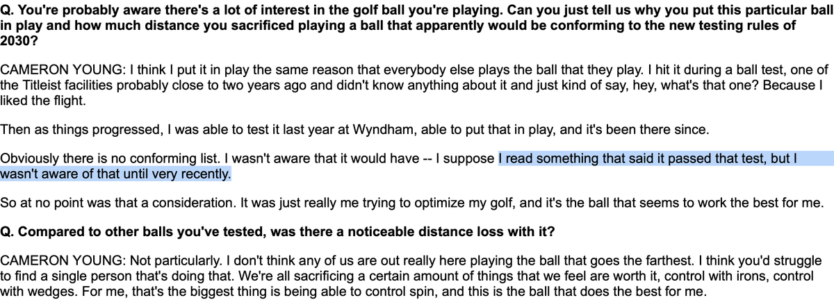 JR_HIRSHey's tweet photo. Cameron Young revealed this morning that he recently became aware his Titleist Pro V1x Double Dot prototype golf ball would be conforming under the new proposed ODS test conditions set to be implemented for golf's roll back in 2028. 

Said he noticed no distance lost.

Young has won three times since putting the ball in play in August and hit the longest drive in the Shot Link era  on the 18th hole at TPC Sawgrass (375 yards) en route to winning the Players.

The Double Dot is supposed to be a lower spinning ball, so not sure if making it conforming under the new standards was intentional.