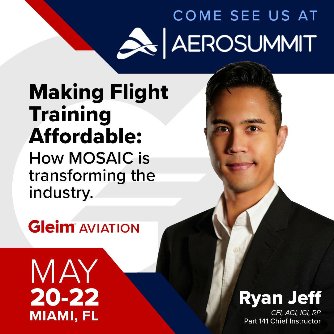 GleimAviation's tweet photo. Will MOSAIC help make flight training more affordable? 
We're excited to be part of AeroSummit 2026 this May in Miami as an Exhibitor, where our Chief 141 Instructor Ryan Jeff will be presenting on how MOSAIC is transforming flight training. We'll see you there!
#GleimAviation https://t.co/li1z5CaHcg