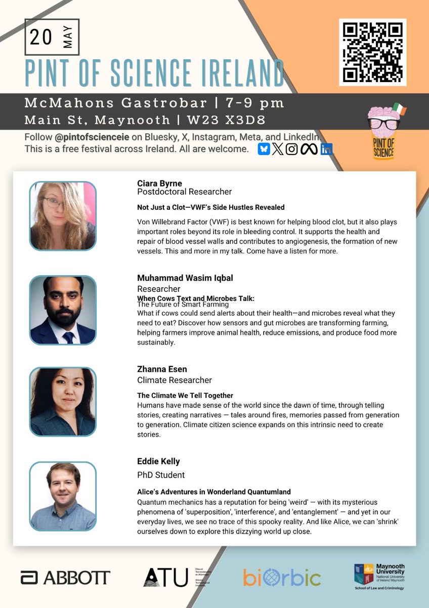 pintofscienceIE's tweet photo. Maynooth, science is coming to the pub next week 🍻🧠

Join Pint of Science Ireland at McMahons Gastrobar for fascinating talks on quantum computing, climate action, food security, smart farming &amp; more.

📅 18–20 May
🎟️ Free tickets live now -  https://t.co/129XhcicyC 

#pint26 https://t.co/e08WboaeDg