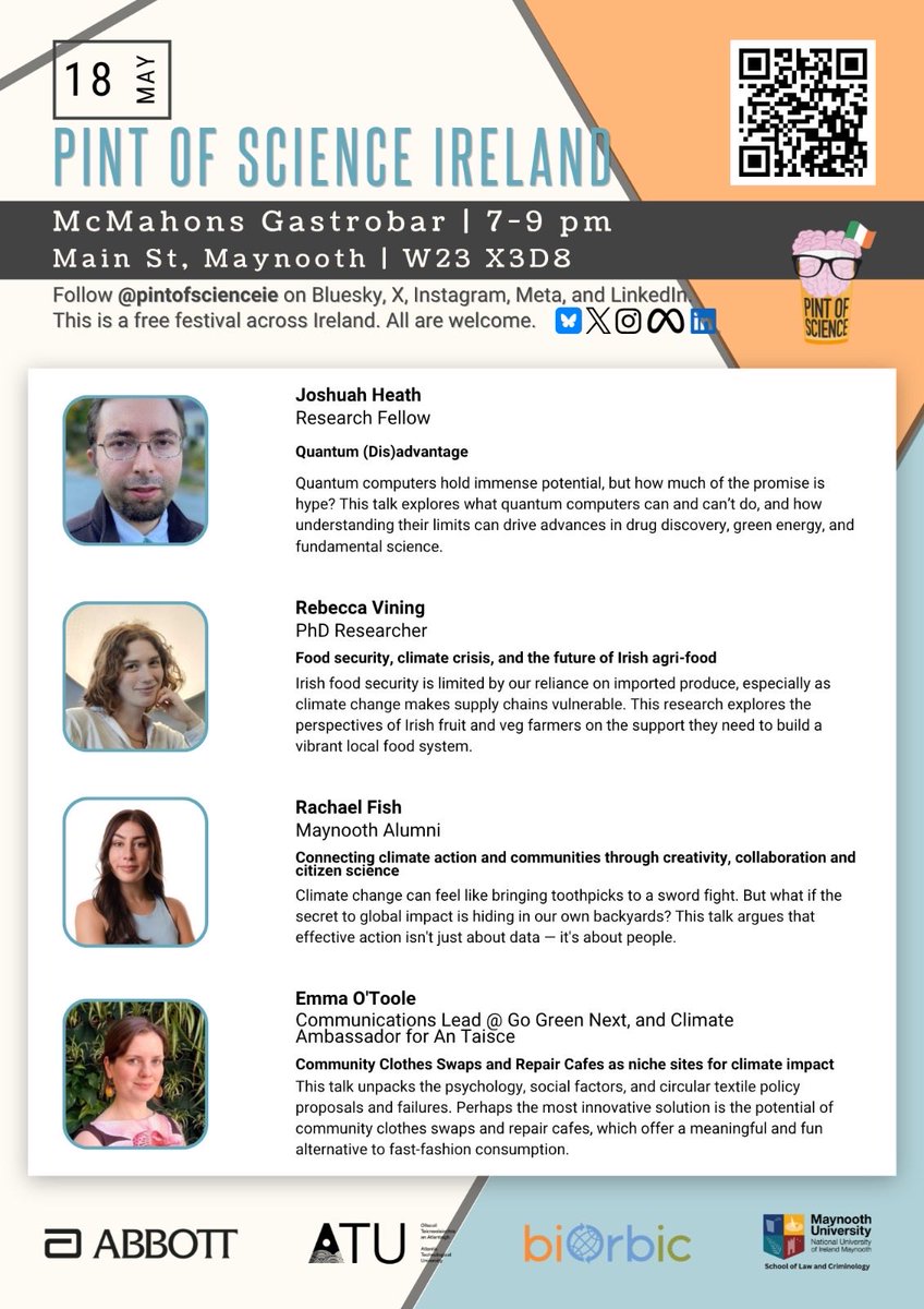 pintofscienceIE's tweet photo. Maynooth, science is coming to the pub next week 🍻🧠

Join Pint of Science Ireland at McMahons Gastrobar for fascinating talks on quantum computing, climate action, food security, smart farming &amp; more.

📅 18–20 May
🎟️ Free tickets live now -  https://t.co/129XhcicyC 

#pint26 https://t.co/e08WboaeDg