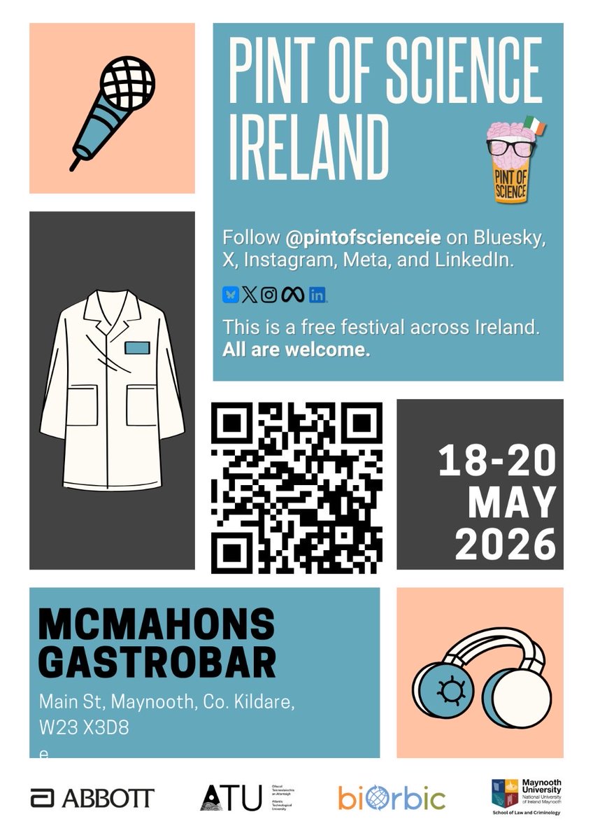 pintofscienceIE's tweet photo. Maynooth, science is coming to the pub next week 🍻🧠

Join Pint of Science Ireland at McMahons Gastrobar for fascinating talks on quantum computing, climate action, food security, smart farming &amp; more.

📅 18–20 May
🎟️ Free tickets live now -  https://t.co/129XhcicyC 

#pint26 https://t.co/e08WboaeDg