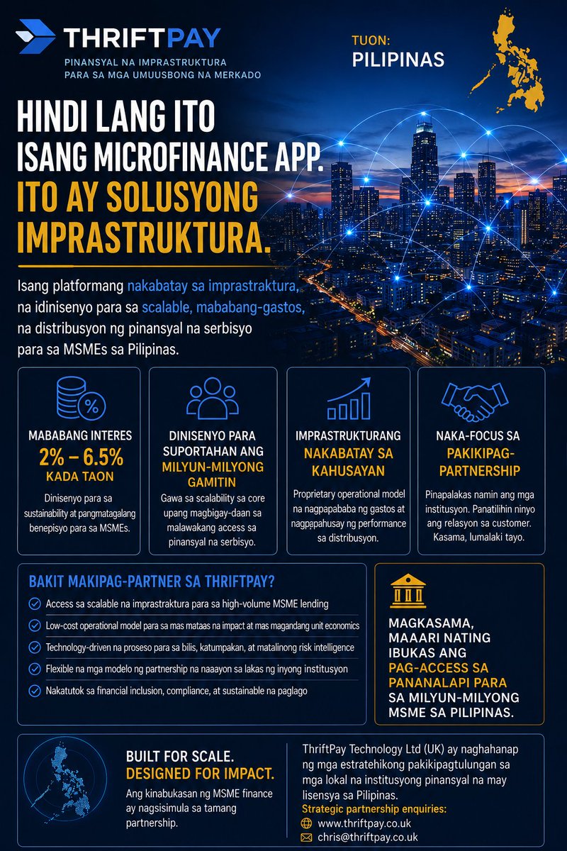 ThriftPayUK's tweet photo. Hindi kami gumagawa ng isa na namang microfinance app. Ang ThriftPay™ ay infrastructure-led financial technology para sa scalable at mababang-gastos na MSME financial distribution (2%–6.5% P.A.), na dinisenyo upang suportahan ang milyun-milyong users. #Philippines #MSME #Fintech https://t.co/jGSLZ5abaN