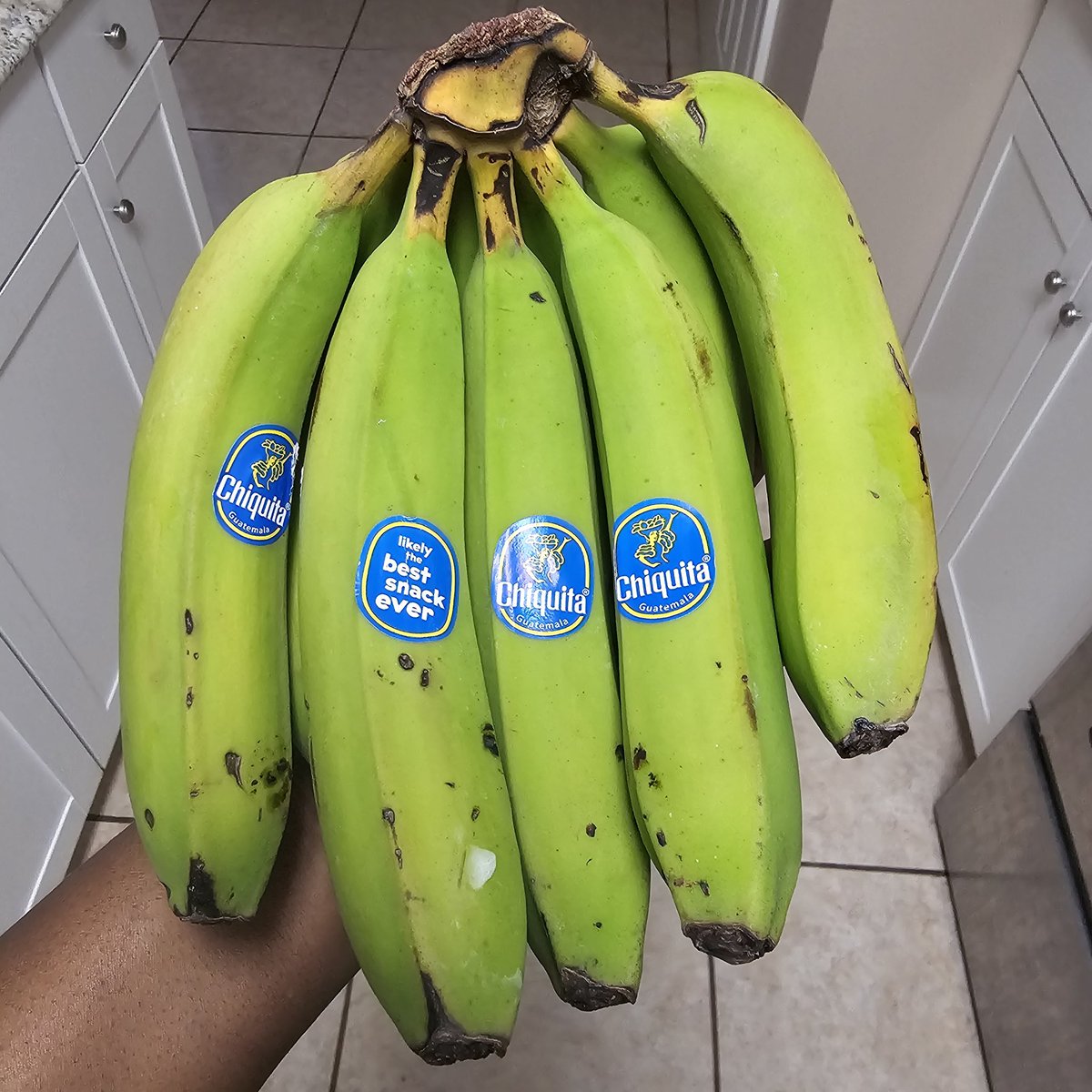 itsWrightforME's tweet photo. Bought bananas from @SamsClub on May 2nd via pick up. They gave me green ones which was okay. Dont want them to go bad too fast.  However, it is now the 13th and the bananas still look like this.... what kind of bananas are these? https://t.co/I4g0zCEoaY