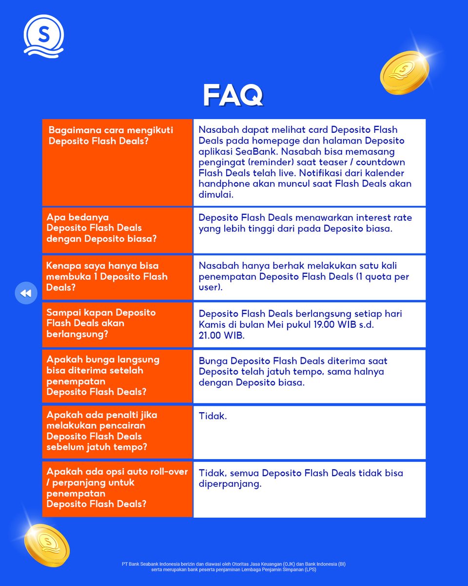 SeaBankID's tweet photo. RAIH UNTUNG BUNGA DARI SEABANK 🌸

SPESIAL UNTUK SOBAT SEABANK 🥳 Nabung deposito kamu jadi makin UNTUNG karena ada DEPOSITO FLASH DEALS pada hari Kamis, pukul 19.00 hingga 21.00 WIB! Buka deposito dan dapatkan bunga tinggi s.d 7,25% p.a.

S&K berlaku, https://t.co/RhsVdPRc8b 

#UntungPakeSeaBank
#SeaBankUntukSemua

Mulai langkah finansial yang lebih simpel 🎆🎉 Bersama SeaBank, kamu bisa nikmati GRATIS TRANSFER 100x/bulan, BUNGA CAIR SETIAP HARI, dan BUNGA TINGGI s.d. 6% p.a.! Daftar sekarang dan mulai tahun baru dengan SeaBank 👉 https://t.co/i32A2fhfVe

PT Bank Seabank Indonesia berizin dan diawasi oleh Otoritas Jasa Keuangan (OJK) dan Bank Indonesia (BI) serta merupakan bank peserta penjaminan Lembaga Penjamin Simpanan (LPS).