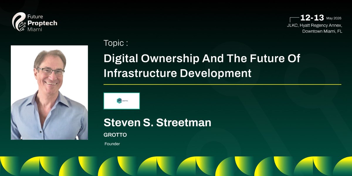 Future_Proptech's tweet photo. Now Live at #FPM26!

Steven S. Streetman, Founder of Grotto, takes the stage at Future PropTech Miami 2026 for a keynote session on “Digital Ownership &amp; the Future of Infrastructure Development.”

#FuturePropTechMiami #FPM26 #PropTech https://t.co/DAkhs5JeTG