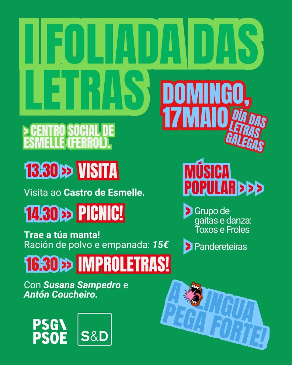 socialistas_gal's tweet photo. 🥳 Vémonos este domingo en Esmelle, Ferrol, para celebrar o día das Letras Galegas!

13:30h 🚶‍♂️ Visita ao Castro de Esmelle
14:30h 😋 Picnic 
16:30h 🎪 Show Improletras, con Susana Sampedro e Antón Coucheiro.

🎶 Música Popular a cargo de Toxos e Froles. 
🐙 Ración de polvo e empanada.