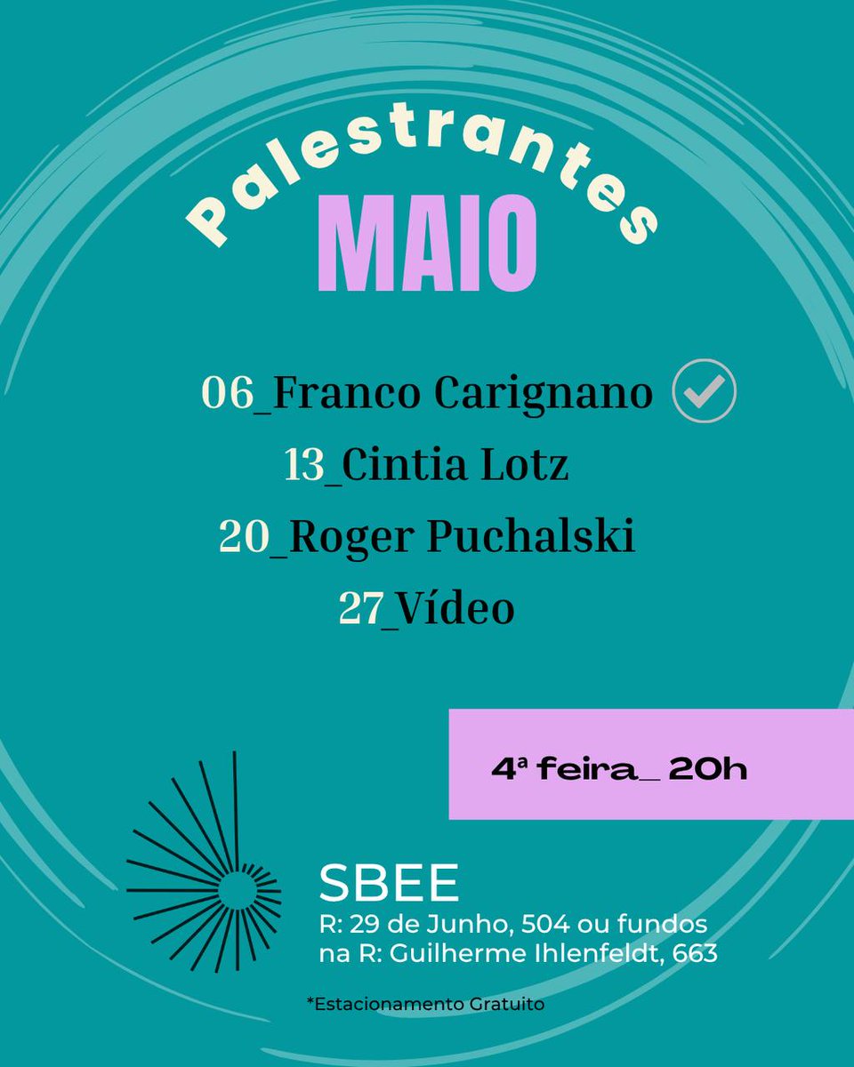 sbeeimprensa's tweet photo. Palestra do mês de Maio,
Quartas, 20h00 na SBEE.

Rua 29 de Junho, 504 ou
fundos na Rua Guilherme Ihlenfeldt, 663, Curitiba.
*Estacionamento gratuito

#Espiritismo #SBEE https://t.co/Yr2i4wRjGp