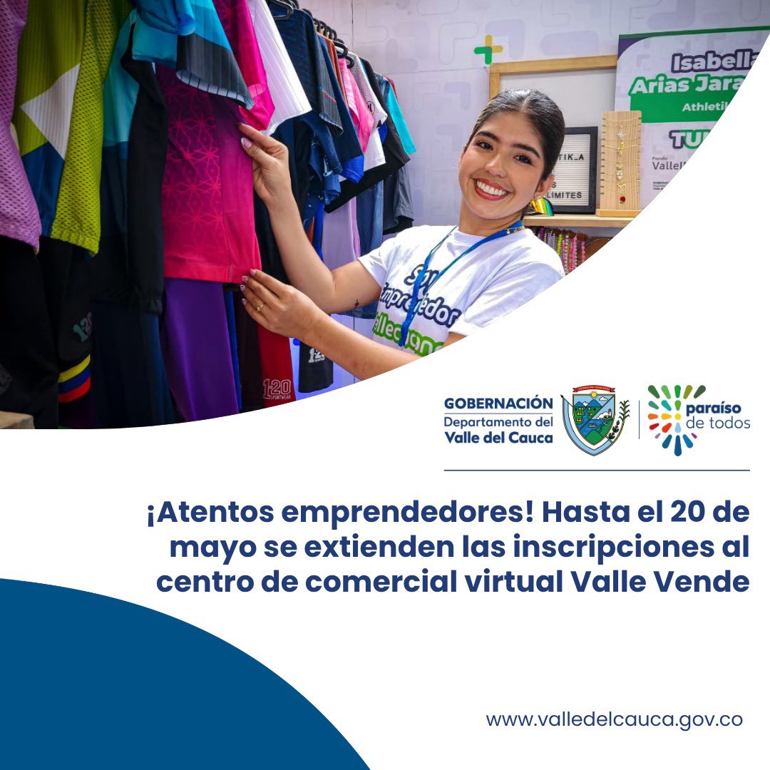 GobValle's tweet photo. Si tienes un emprendimiento o una marca y aún no vendes en digital, esta puede ser la oportunidad que estabas esperando. 

Ampliamos las inscripciones a Valle Vende para seguir llevando productos vallecaucanos a más mercados. 

Conoce cómo inscribirte:  https://t.co/iFyTFi6p9z https://t.co/VZ18ZL7HBq