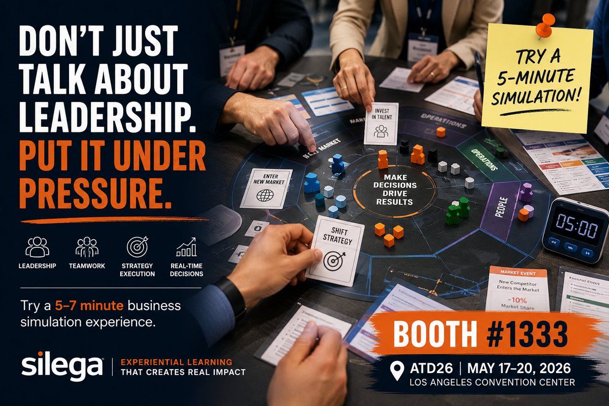 SilegaTeam's tweet photo. At #ATD26, don’t just talk about leadership development.

Experience it.

At Silega Booth #1333, we’ll show quick hands-on business simulation experiences for leadership, teamwork, alignment, and strategy execution.

Stop by and try it in a few minutes.

#ATD2026 https://t.co/T5YyyRQiL9