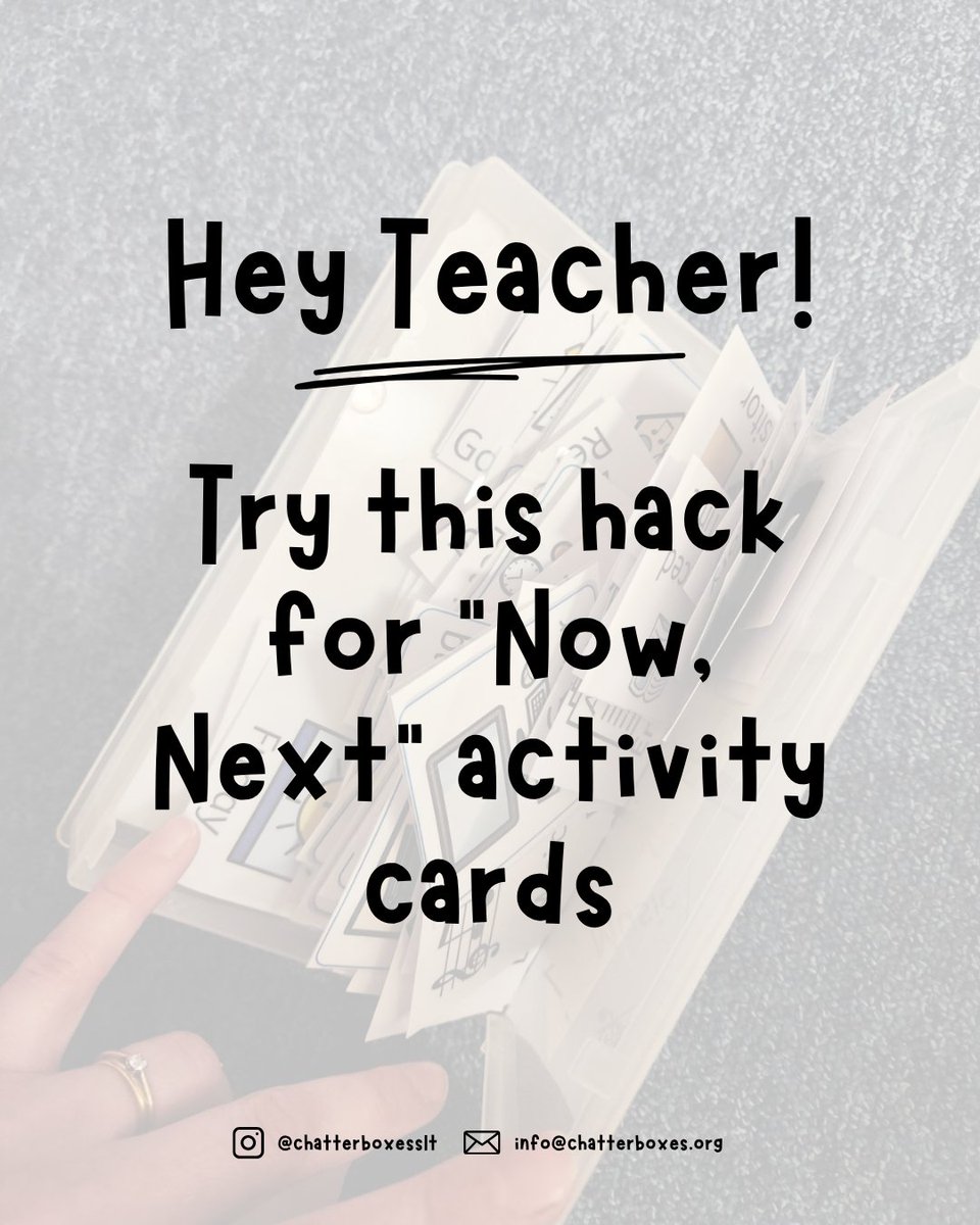 ChatterboxesSLT's tweet photo. An old video case is all you need for upping how you use a Now, Next board.
On the outside you can slip in the activities for Now and Next. All the other cards can be stored inside the case so they don't get lost.
#teacherhack #speechtherapy #speechtools #nownextboard https://t.co/bxwGGRQzwX