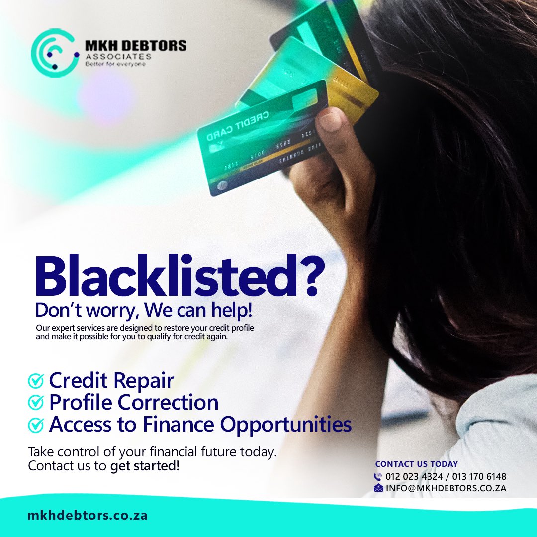 DebtorsS's tweet photo. 🚫 Blacklisted? Can't get anything on credit?
We can help you!💼✨

At MKH Debtors Associates (Pty) Ltd, we specialise in restoring your financial freedom.  

If you're struggling with a Debt review flag, ITC listings, judgements, defaults, or old prescription debts, our expert team provides 100% legal solutions to clean your credit record and get you back on track.  

✅ Debt Review Removal  
✅ Judgement Removal  
✅ ITC Clearances & Credit Report Fixes  
✅ Prescription Letters  
✅ Settlement Negotiations  
✅ Payment Arrangements  

Take the first step today— many of our clients are now successfully applying for home loans, vehicle finance, and more!  

📍 Visit our offices:  
- Pretoria: Office 326, Bank Towers, 190 Thabo Sehume Street  
- Burgersfort: 9 Tambotie, Aloe Ridge  

📞 Call: 012 023 4324  
📱 WhatsApp: 072 409 2927 (or other active numbers)  
🌐 Visit our website: [https://t.co/RNUD0OJZgq](https://t.co/RNUD0OJZgq)