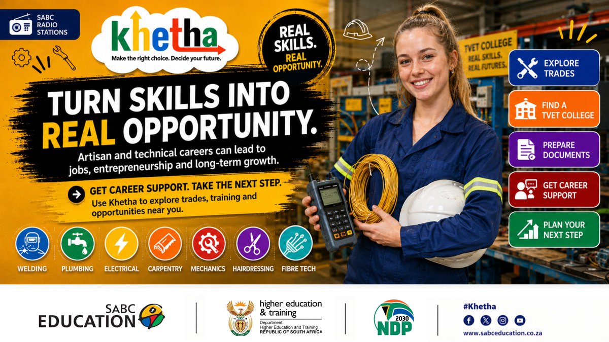 SABCEducation's tweet photo. Did you know there are many artisan and technical career options to
choose from?

South Africa needs skilled people in civil engineering trades, electrical
trades, manufacturing trades, mechanical, technology and more.

Here is more than one way to build your future. https://t.co/1pl3KmoDhz