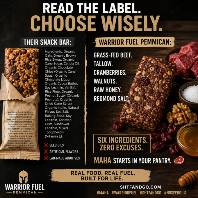 SHTFandGO's tweet photo. Have you looked at your snack bar label before?
Take a few seconds to read the label on your snack bar.

Now read Warrior Fuel Pemmican’s:

🥩 Grass-fed beef.
🧈 Tallow.
🍒 Cranberries.
🌰 Walnuts.
🍯 Raw honey.
🧂 Redmond salt.

✅ Six ingredients.
❌ Zero excuses.

🇺🇸 MAHA starts in your pantry. 🥩🔥

https://t.co/REbjWnH9uC

#MAHA #WarriorFuel #SHTFandGO #NoSeedOils #RealFood #CleanEating #HealthyLiving #AncestralEating #WholeFoods #GrassFedBeef #Preparedness #SurvivalFood #ProteinSnack #HealthySnacks