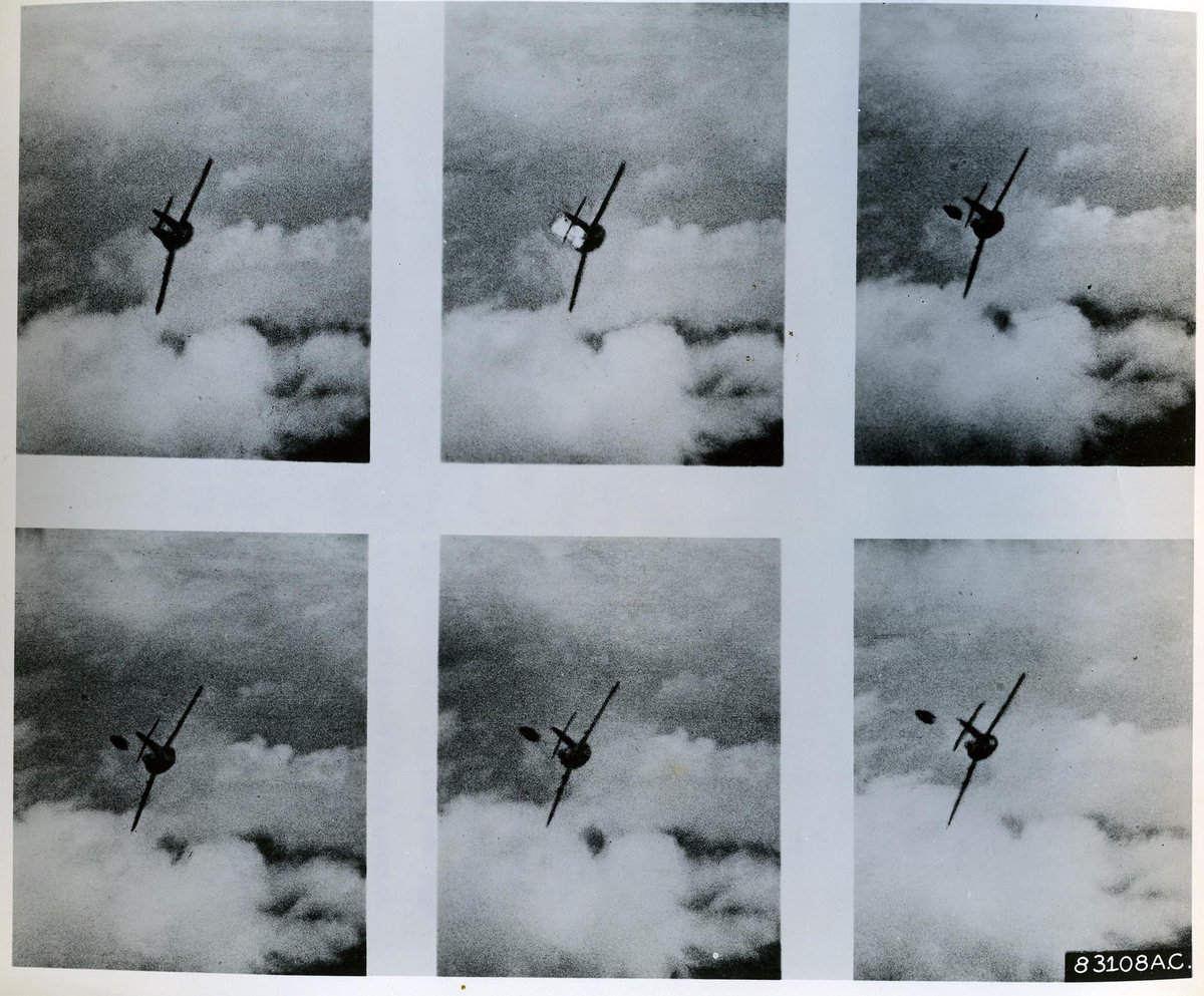 ron_eisele's tweet photo. 14 May 1953. Still images from the gun camera film show an enemy pilot bailing out of a Mikoyan-Gurevich MiG 15 shot down by the then Lieutenant Edwin E. (“Buzz”) Aldrin, U.S. Air Force, 5 miles south of the Yalu River. https://t.co/8Pl6JTVDVj