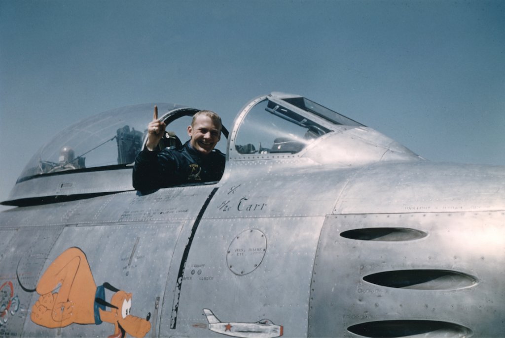 ron_eisele's tweet photo. 14 May 1953. Still images from the gun camera film show an enemy pilot bailing out of a Mikoyan-Gurevich MiG 15 shot down by the then Lieutenant Edwin E. (“Buzz”) Aldrin, U.S. Air Force, 5 miles south of the Yalu River. https://t.co/8Pl6JTVDVj
