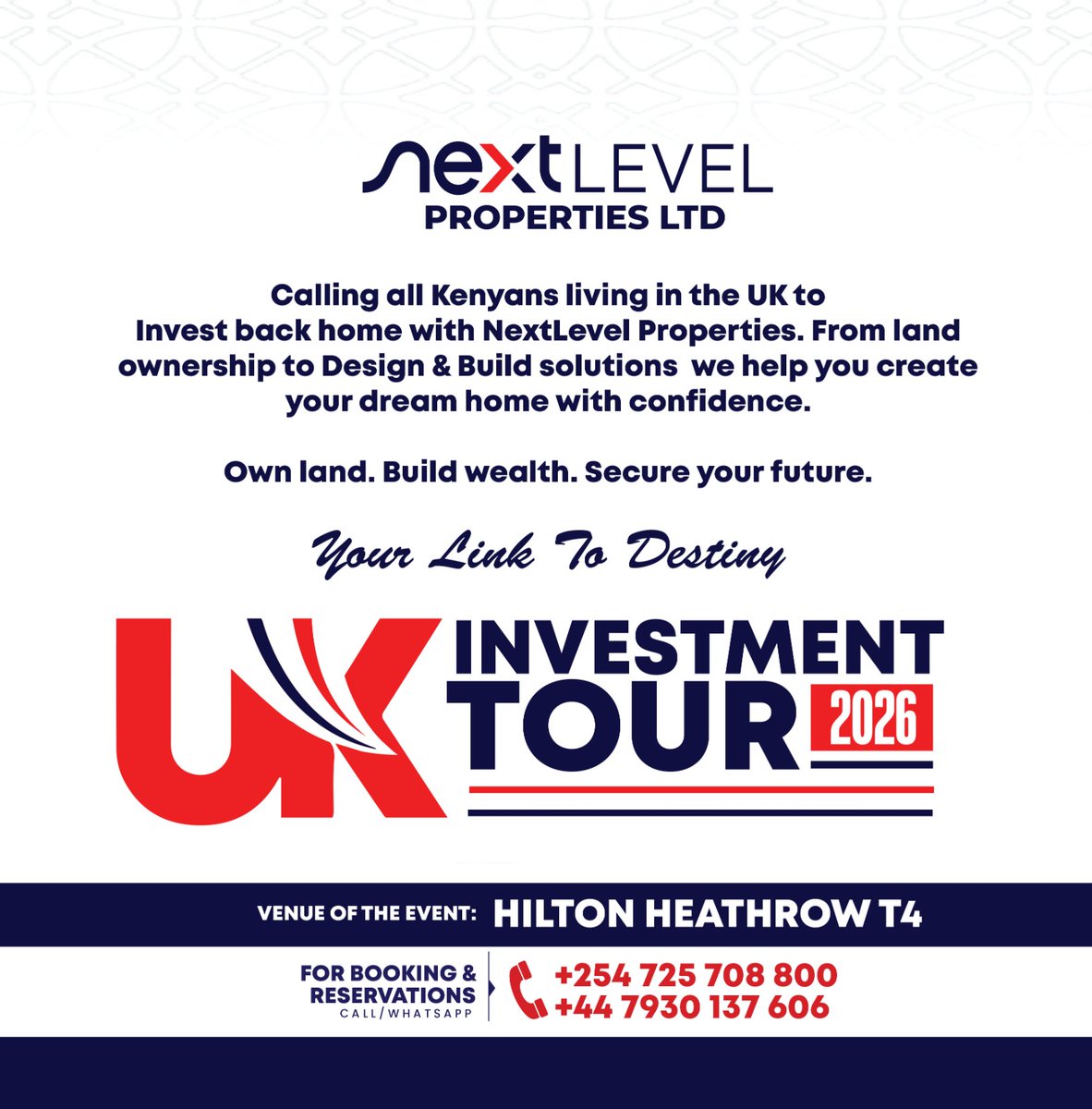NLPKenya2025's tweet photo. 🇬🇧🏡 Invest back home with NextLevel Properties

Discover prime land investment opportunities and take the next step toward owning property in Kenya. ✨

📍 Hilton Heathrow T4
📞 +254 725 708 800 / +44 7930 137 606

#NextLevelProperties #InvestInKenya #DiasporaInvestment #OwnLand https://t.co/gwSotVfyha