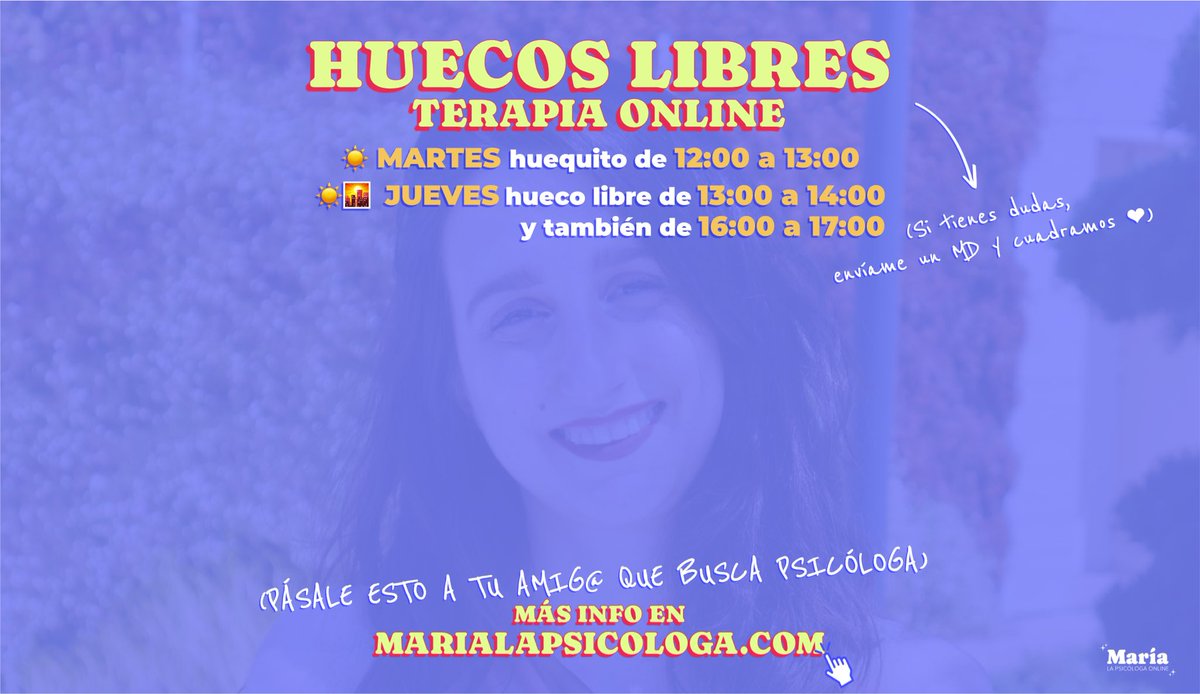 mariapsiconline's tweet photo. ¡Hola! 👋 

Tengo huecos libres para terapia online 🗓️

Me ayuda mucho si me ayudáis difundiéndolo 🩷 https://t.co/CF2pVq7rMS