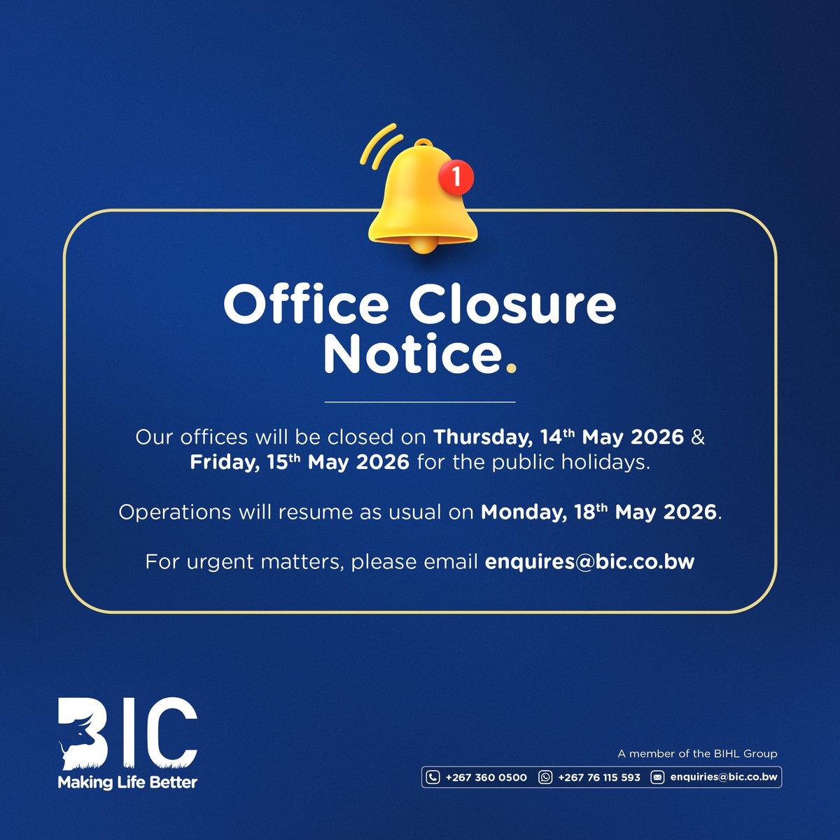 BW_Insurance_'s tweet photo. Please note that our offices will be closed in observance of the public holidays. For urgent matters, please email enquires@bic.co.bw 📧  

We wish everyone great and safe long weekend. https://t.co/JeMtlxibeO
