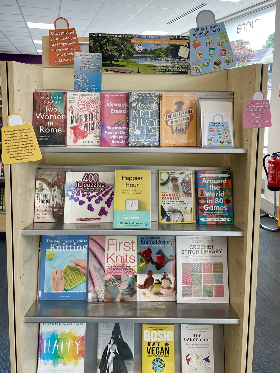 BlackheathLib's tweet photo. We have a new display at #BlackheathLibrary inspired by analogue bags! Choose a book to add to your screen-free hobbies like puzzle, photography and crochet + find some suggestions 📚 @GreenwichLibs @Royal_Greenwich @Better_UK #LoveYourLibrary https://t.co/sVMdU1kByV