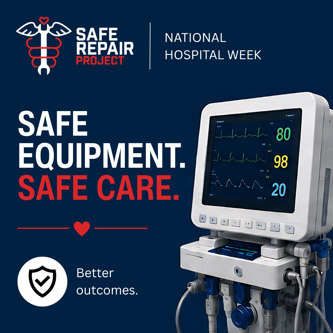 SafeRepair's tweet photo. Safe Equipment. Safe Care. Reliable medical devices are essential to patient care and wellbeing. Safe repairs carried out by expertly trained and regulated repairpersons help ensure better outcomes across every hospital. #NationalHospitalWeek