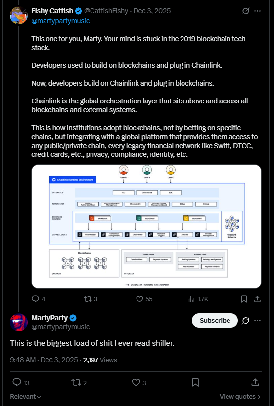 CatfishFishy's tweet photo. Less than six months ago, @martypartymusic told me that my post explaining that institutions would be building their workflows on the Chainlink Runtime Environment platform and then deploying them onto chains was the "biggest load of shit he ever read."

Yesterday, the DTCC (among the largest and most important FMIs in the world) announced that they're using the Chainlink Runtime Environment to build their workflows for collateral management.
https://t.co/kg5bhF24Wx

For those that are unfamiliar, Chainlink Runtime Environment (CRE) is to oracle networks what the EVM is to blockchains. Developers can write and run code that runs on top of Chainlink networks that allows oracles to execute workflows, which are natively cross-chain, data-enriched, cross-system (makes chains composable with non-chain networks like DTCC, Swift, Fedwire, credit cards, etc), compliant, privacy enabled, etc.

DTCC quote:

"CRE is built to operate at institutional scale and provides access to a resilient data and orchestration layer, unlocking automated workflows for the Collateral AppChain’s advanced eligibility, valuation, margining, collateral optimization, settlement, and related post-trade processes."

Care to revise your thesis in the light of new evidence, @martypartymusic?

The ticker is $LINK.