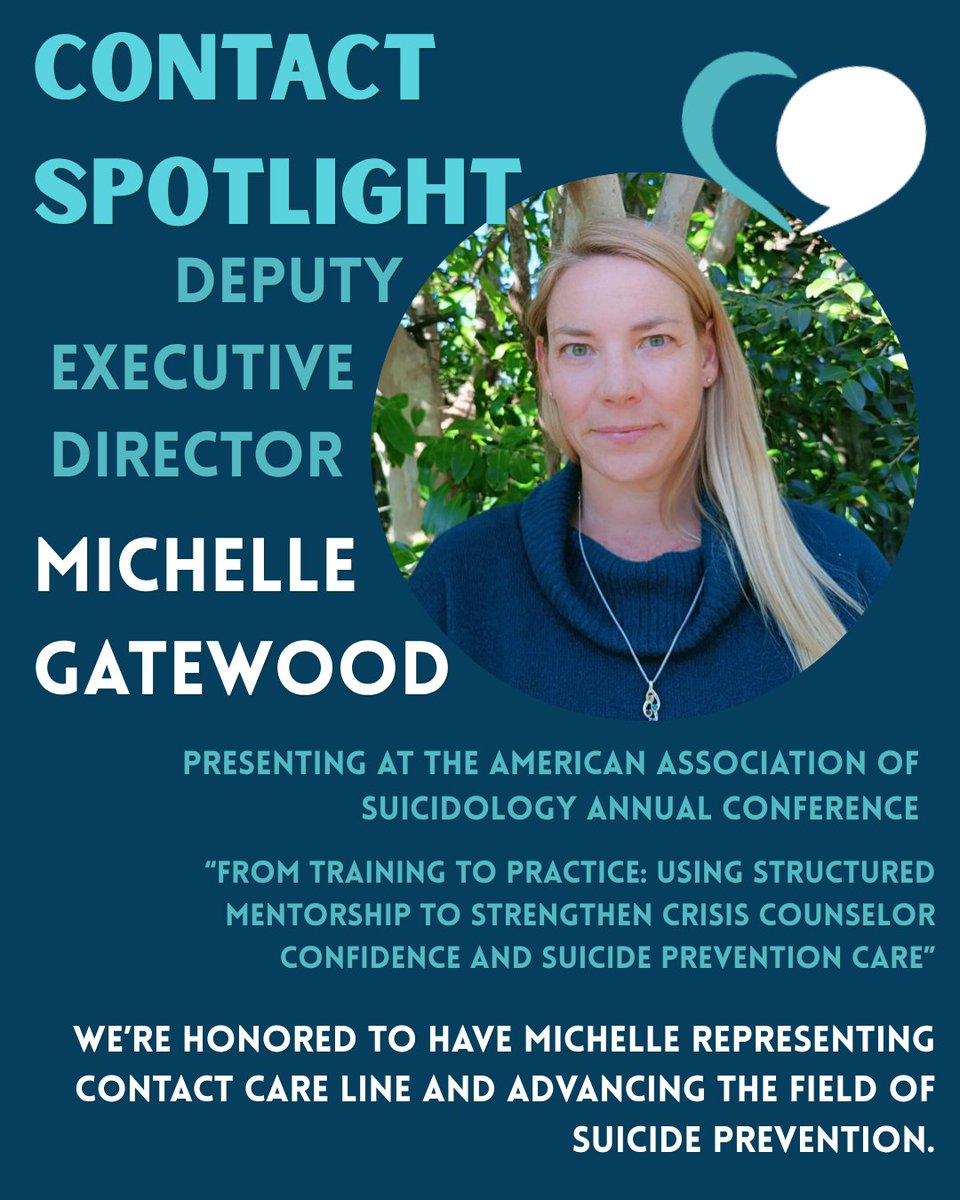 ContactListens's tweet photo. We’re proud to celebrate Michelle Gatewood, our Deputy Executive Director, for presenting at the American Association of Suicidology Annual Conference. 

We’re grateful to have her leadership representing CONTACT Care Line and advancing compassionate, effective care. https://t.co/h2sU90jxQM