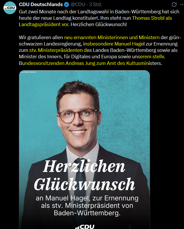 wenig_worte's tweet photo. Man kann es kaum fassen, aber diese anstandslose Drecksbande @CDU gratuliert ausdrücklich NICHT @cem_oezdemir zur Wahl als Ministerpräsident von Baden-Württemberg. https://t.co/RRHQ0eX2Sl
