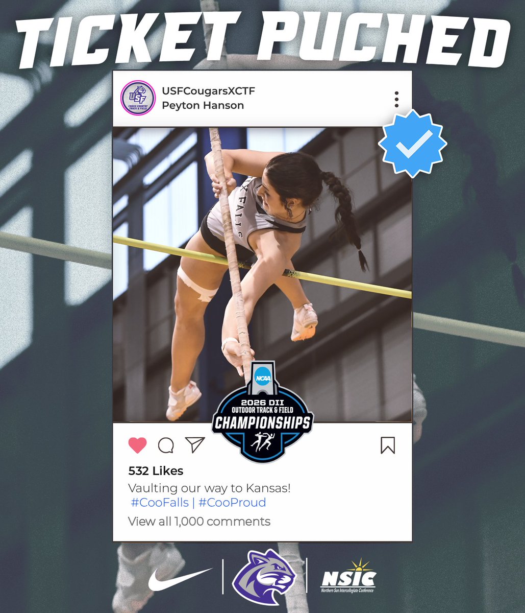 USFCougarsXCTF's tweet photo. 🎟TICKET PUNCHED🎟

Tamia Horton and Peyton Hanson punch their ticket to the 2026 NCAA DII Outdoor Championships!

#CooFalls | #CooProud https://t.co/fBOyg7Qvtf