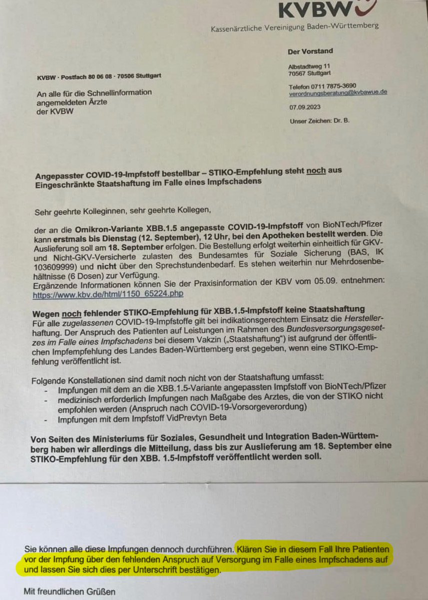 maikpi70's tweet photo. war doch nebenwirkungsfrei, oder?
👮🏻‍♂️ Plötzlich werden #Ärzte auf Haftungsansprüche bei #Corona-#Impfungen vorbereitet

"Die ärztliche Kassenvereinigung von BW  bereitet die Ärzte auf Haftungsgefahren zur #Covid-#Impfung vor.  (Letzter Satz) 
Diese Aufklärung wird einigen sicher schwerfallen.  Wo es doch bisher keine #Nebenwirkungen gab. 🤡"

Teile diesen Beitrag – mehr Menschen sollten das sehen 🐇