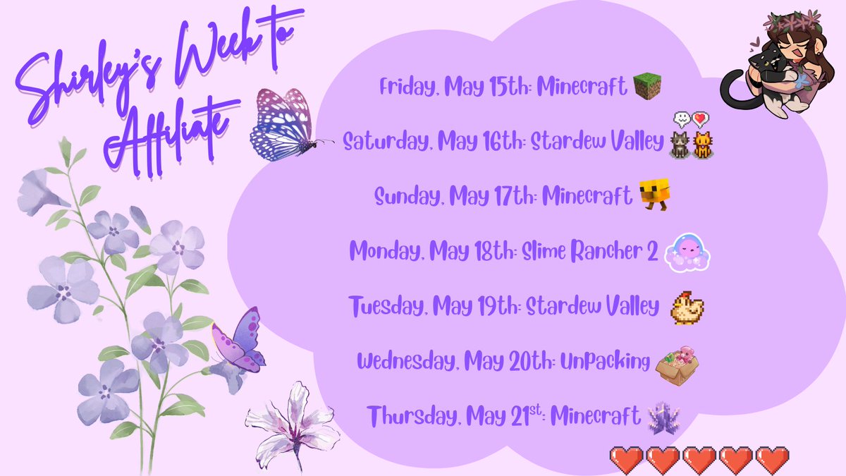 Shirley__123's tweet photo. Shirley's Week to Affiliate starts on Friday :3 I hope to see y'all there for some awesome gaming, games may be subject to change depending on how I feel <3 streams will start at 12-2pm or 7-9pm BST depending on my schedule so there's times for everyone!

https://t.co/adbtwOYgHz https://t.co/XAcpFA1t5M