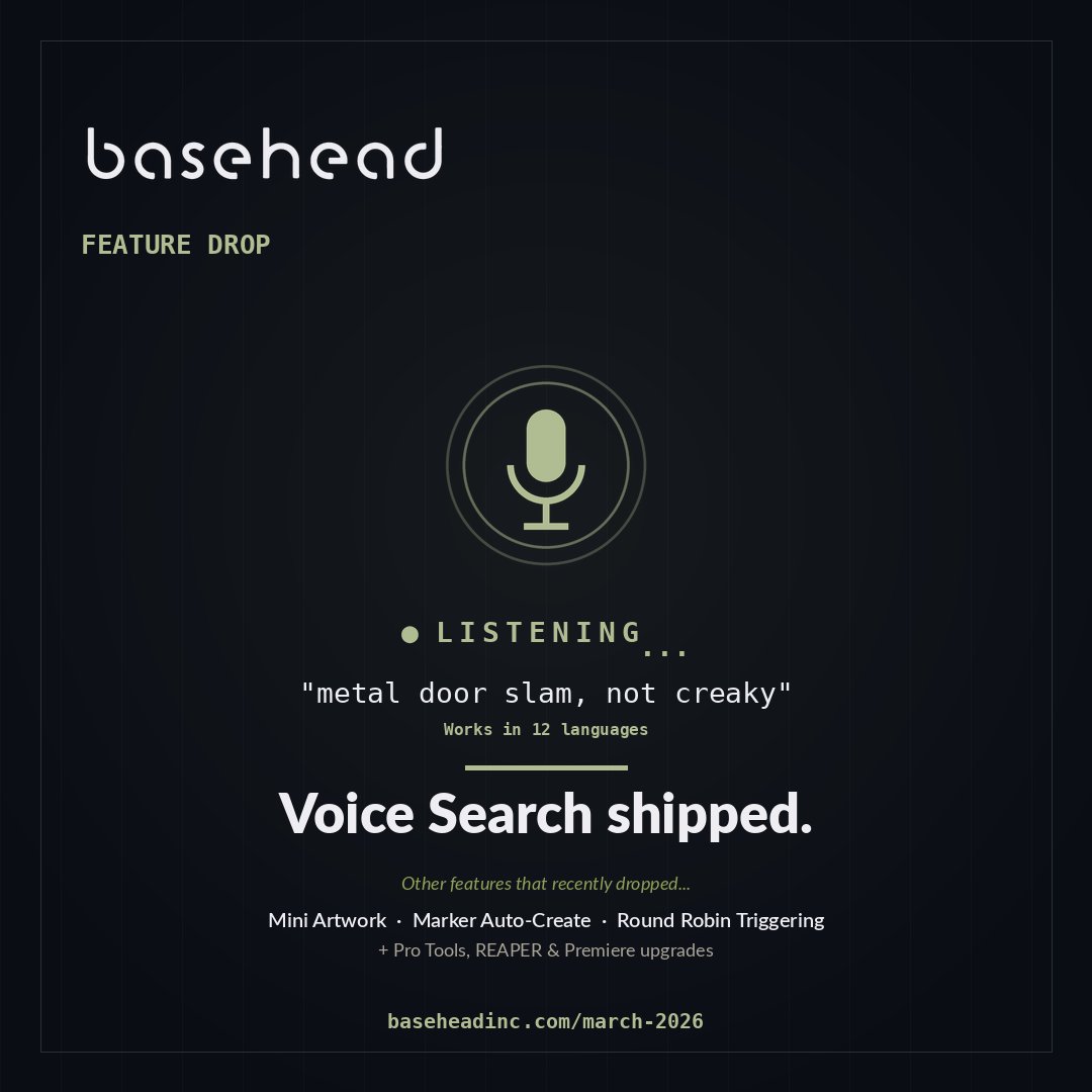 SteveTushar's tweet photo. Voice Search shipped in basehead recently. Use your voice to search your SFX library in 12 languages and give your wrists a break.

https://t.co/zZvNio7tgS
#sounddesign #sfxlibrary https://t.co/qA3dU0D8wS