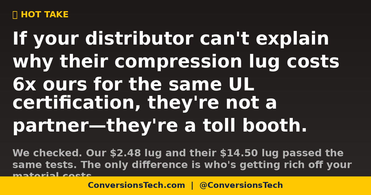 ConversionsTech's tweet photo. When you realize the 'premium' brand is just paying for their CEO's third vacation home. Same UL listing, different yacht. #ElectricalTwitter https://t.co/pkLlcFLa5U