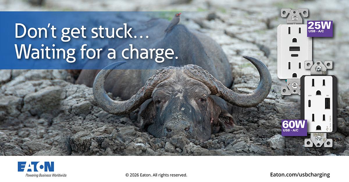 RiffleAssoc's tweet photo. Don’t get stuck in the mud watching your battery crawl. 🐃⚡Charge ahead with Eaton USB charging receptacles because your phone shouldn’t need four hooves to pick up speed: https://t.co/pTkY9Mqh3g https://t.co/FYnwHtgjeb