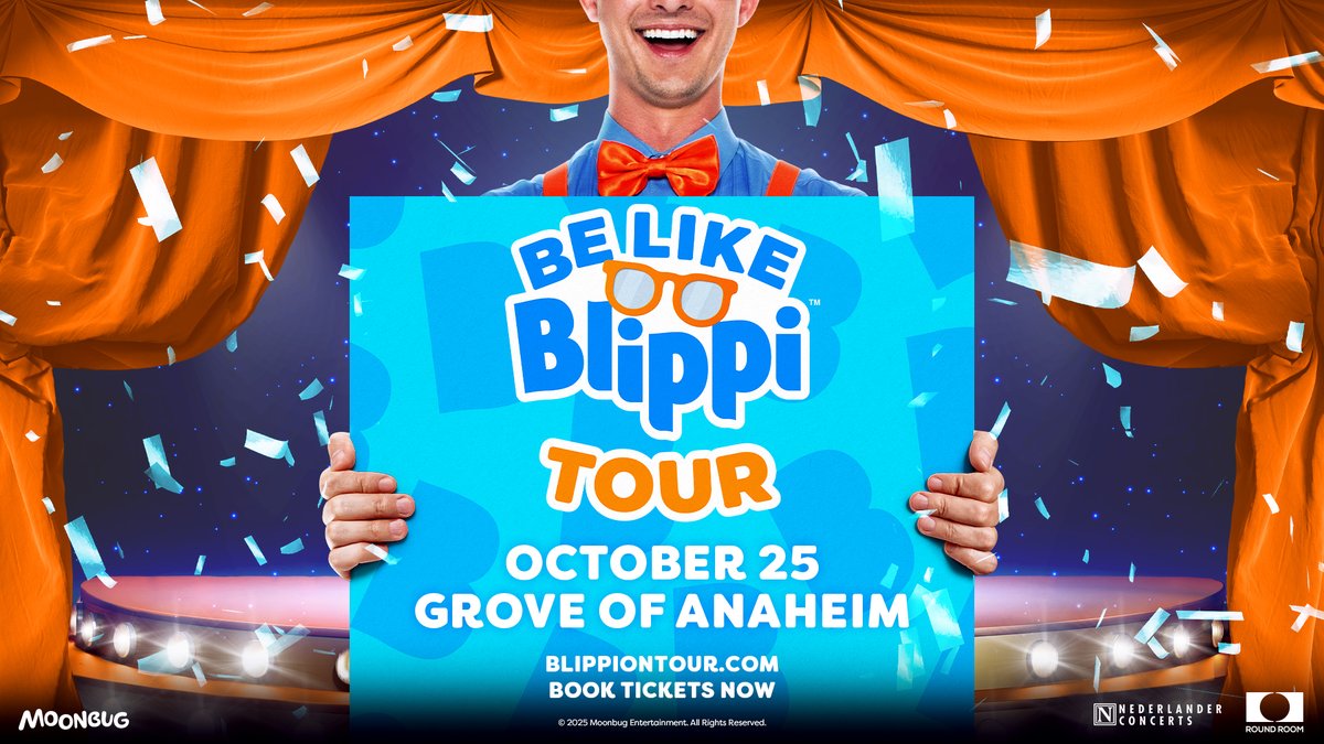 groveofanaheim's tweet photo. JUST ANNOUNCED: Blippi is bringing double the fun to Grove of Anaheim with TWO shows on October 25! 

👓 Presale begins May 14 at 10AM [CODE: GROVE]
🎉 Tickets on sale May 15 at 10AM
🎟️: https://t.co/LhD82Tn1qJ https://t.co/arIgY50cUQ