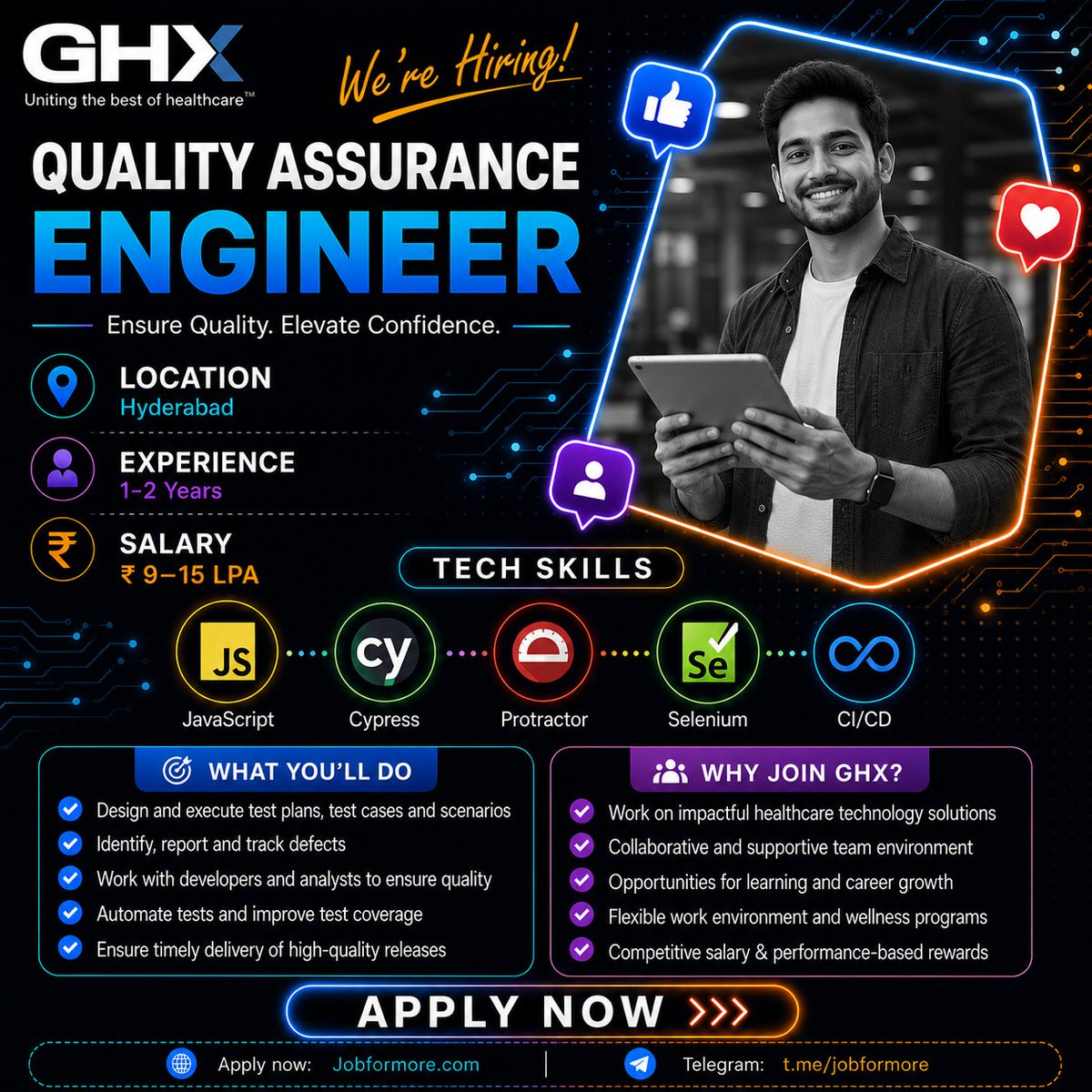 jobformore's tweet photo. 🏥 QA Eng @ GHX!
📍 Hyderabad
🎓 BTech 1-2 Yrs
🔥 JavaScript + Cypress
💰 INR 9–15 LPA
Healthcare Tech! 💉
#GHX #QAJobs #HyderabadJobs #Jobformore
Apply: https://t.co/nWu7j4jy9h https://t.co/YQFGte9UkZ