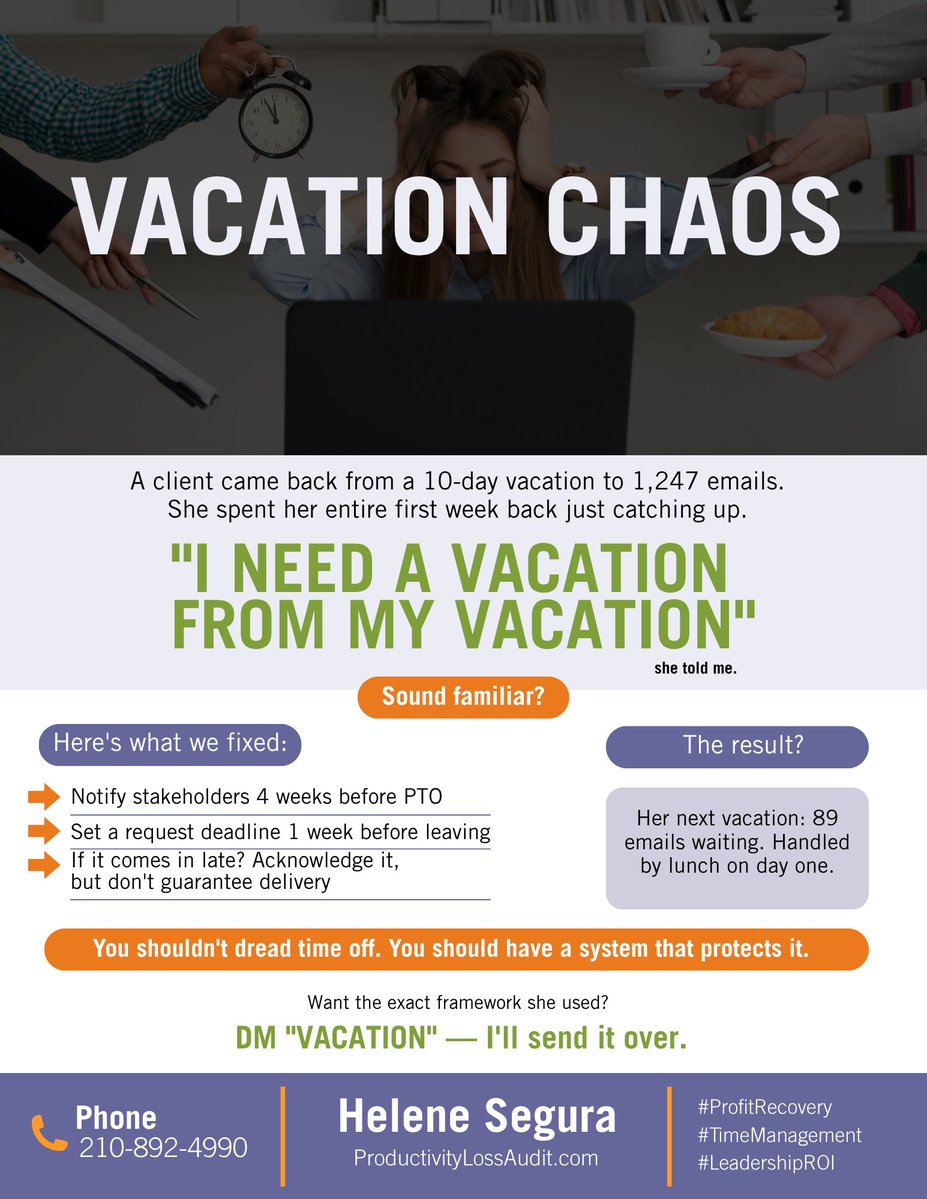 LivingOrderSA's tweet photo. "I need a vacation from my vacation." 😩

Fix it:
→ Early stakeholder notice
→ Hard deadlines
→ No late guarantees

89 emails on return. Done by lunch. ✅

DM "VACATION" for the framework. 

#WorkLifeBalance #TimeOff #Leadership #TimeManagement #BurnoutPrevention https://t.co/FcCa3abB6B