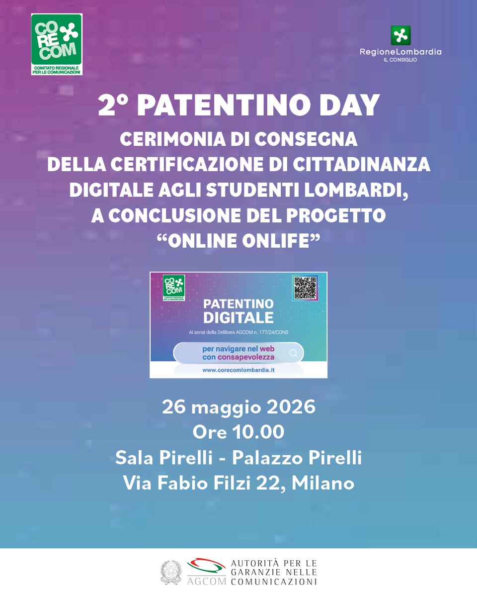 CorecomLombard's tweet photo. 🎓 Il 26 maggio Palazzo Pirelli ospita il 2° #PatentinoDay, evento finale del progetto "Online Onlife" del #CorecomLombardia. Il Presidente Gariboldi e il Comitato premieranno i ragazzi di 12 istituti lombardi per il percorso di cittadinanza digitale.
#PatentinoDigitale #Agcom https://t.co/h2QwCeBWqv