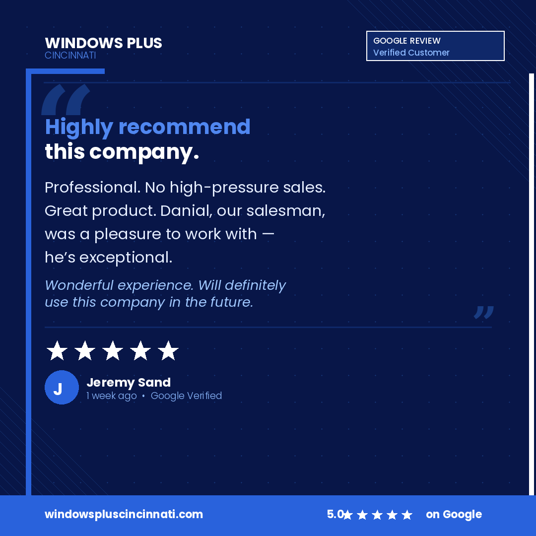 WindowsPlusOH's tweet photo. Windows Plus Cincinnati 5-star Google review

Five stars from Jeremy Sand.
"Professional. No high-pressure sales. Great product."

That's Daniel. That's the whole team. That's what we show up every single day to do.

________________________________________ https://t.co/J5fH7XvDN4