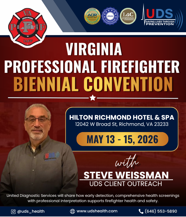 UDSHealth's tweet photo. We are LIVE for Day 1 of the VPFF Biennial Convention in Richmond! 🚒🚨
Stop by and meet Steve Weissman to learn how early detection & professional interpretation of health screenings are keeping VA firefighters safe and healthy. Let’s make prevention a priority! 🩺📉
#VPFF https://t.co/MPfKHv0Y6V