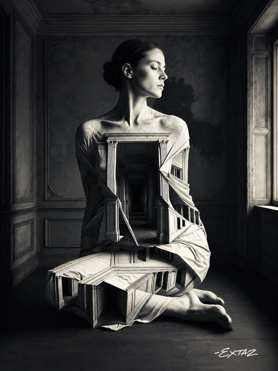extazdesigns's tweet photo. My 1st entry for Black &amp; White in @WebbieSocialApp 

🤍"FOLDED SILENCE"
- A surreal exploration of emotional repression, where identity folds inward beneath silence, turning the body into an endless architecture of isolation, concealment, and quiet decay.
#nft #nftart https://t.co/tLLyEFwDPf