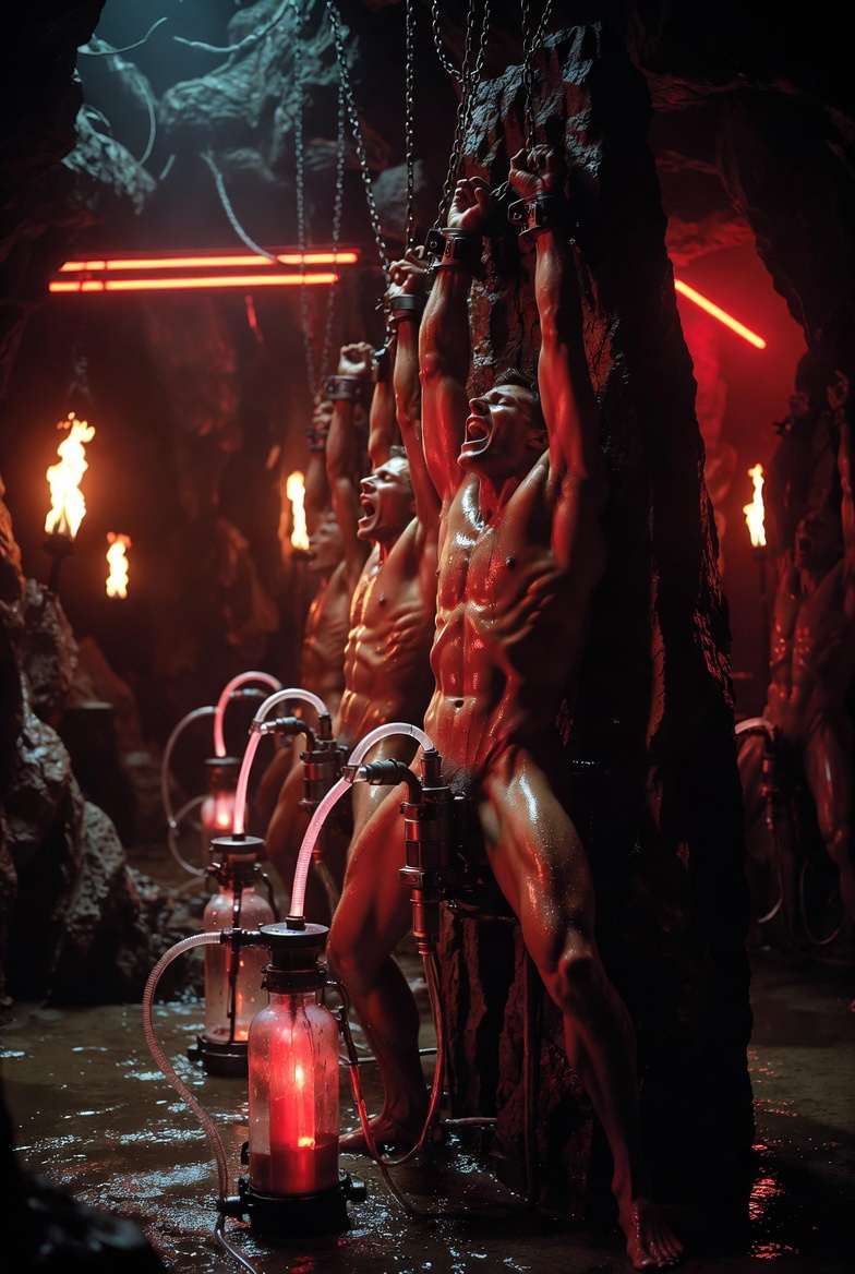 NoEscapeMen's tweet photo. Chained and mercilessly pumped deep in the neon hell cave… stretched, drained and broken under blood-red lights. No escape. 🔥💦⚙️
#GayBDSM #MuscleGods #GaySlave #DarkErotic #BDSMArt #Homoerotic #CyberHell #GayMuscle #NSFWArt #MuscleBondage #AIArt #DarkFantasy https://t.co/tQqCvcn9dA